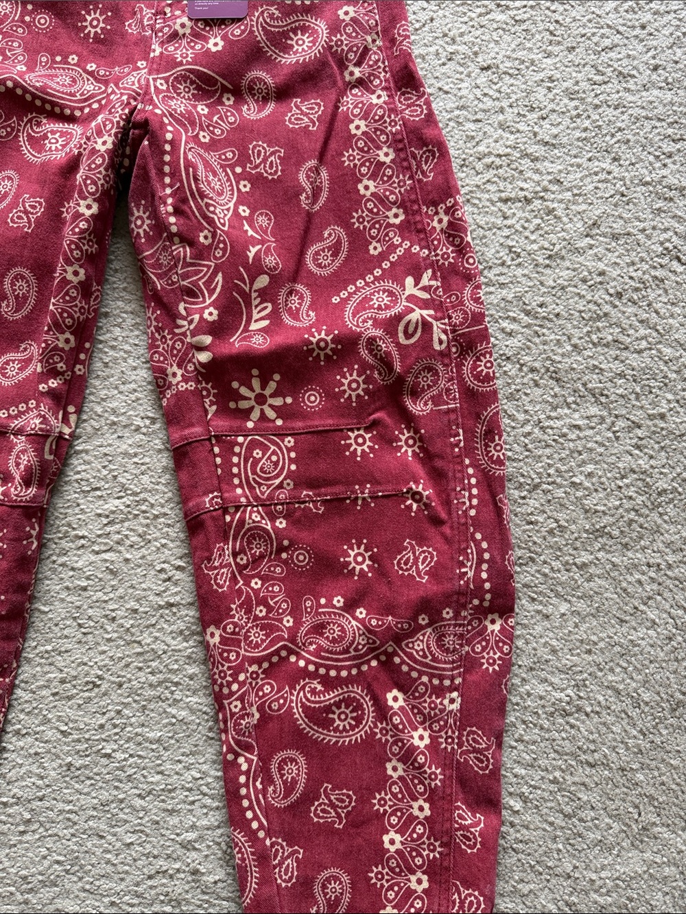 Women’s Barrel Leg Burgundy Paisley Print Jeans - Picture 2 of 4